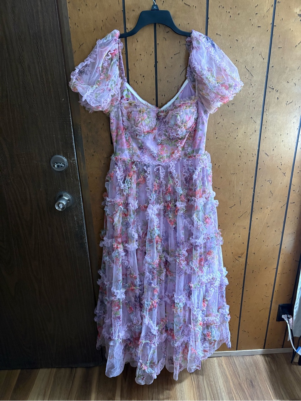Lilac Floral Ruffle Maxi Dress with Puff Sleeves